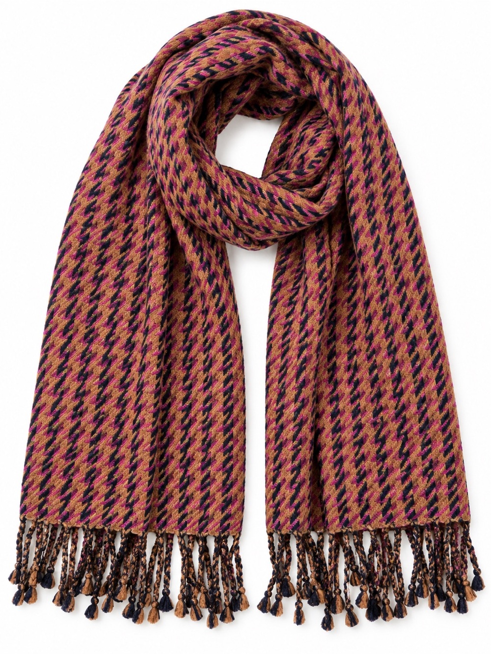 J. Crew Wool Blend Geometric Fringe Scarf Wrap Brown Pink Orange O/S